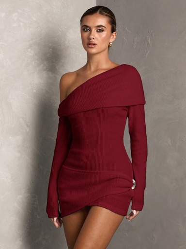 [sz2407096129211000] SHEIN BAE 1 pieza Vestido de manga larga elegante con cuello asimétrico cruzado y unicolor para mujer