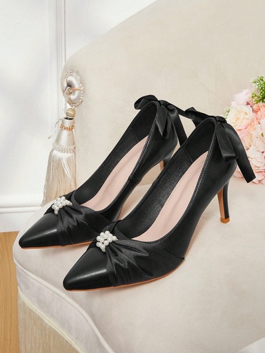 [sx2408087535484045] CUCCOO HITCHD Zapatos de tacón alto de punta fina en color blanco para mujer con lazo de cinta y decoración de perlas sintéticas para otoño