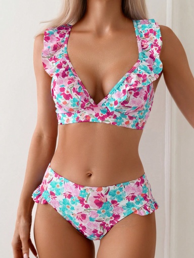 Swim Mod Conjunto de bikini con estampado floral y ribete con volantes con bordes decorativos, traje de baño de playa veraniego