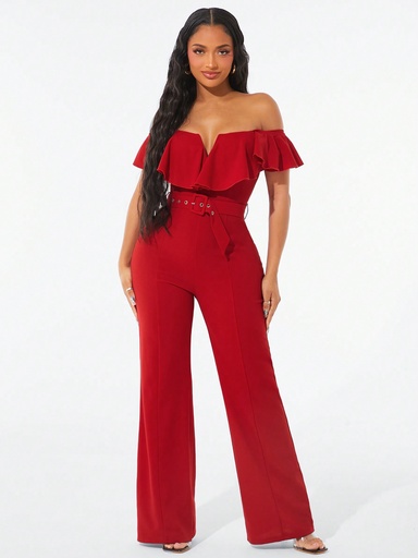 SHEIN SXY Ropa de mujer de otoño; Conjunto festivo de mono con volantes y cinturón rojo reversible; Ropa de oficina para mujer; Vestido de Fin de Año; Conjunto festivo de Año Nuevo para mujer con mono de volantes rojos y cinturón reversible