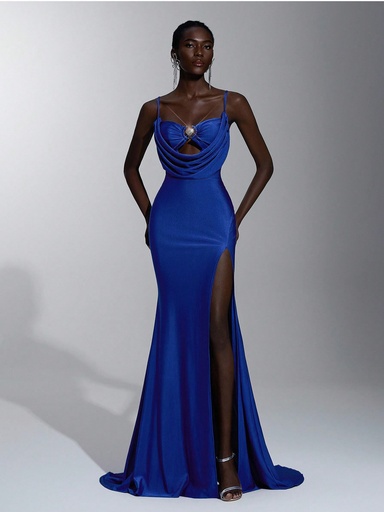 [sz25032426141110345] vestido cola de pez con abertura frontal, cintura ceñida, cuello con volantes, tela elástica, detalle de hebilla de metal desmontable y falda plisada