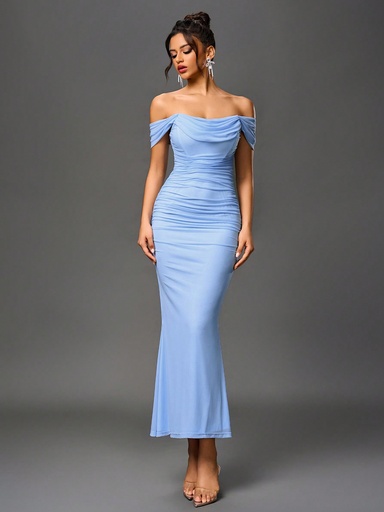 [sz2405238713138480] PARTHEA Vestido largo con Body ceñido, hombros descubiertos, dobladillo de cola de sirena, malla y drapeado