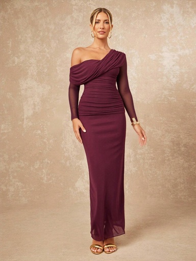 [sz25091069797134118] Lumalex VITNOS Vestido maxi ajustado de una sola manga con hombro descubierto, decoración fruncida, de malla roja elegante para mujer. Vestido de una sola manga, vestido burdeos, vestido vino, vestido drapeado, vestidos elegantes para mujer, vestido de graduación, vestido de invitada de boda