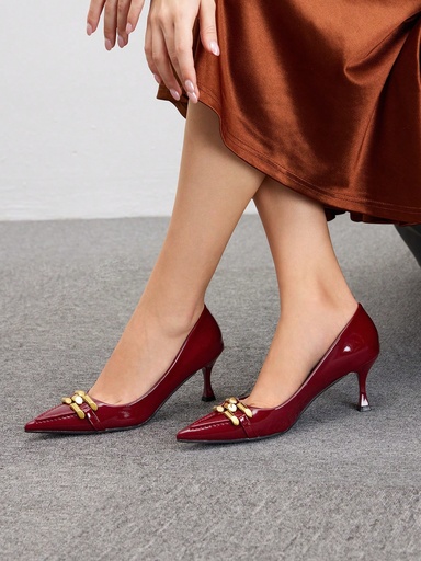 [sx2407083145740031] CUCCOO BIZCHIC Zapatos de mujer, tacones altos para damas, stilettos de punta fina, decoración de metal, tacones BURDEOS simples y de uso diario para el otoño