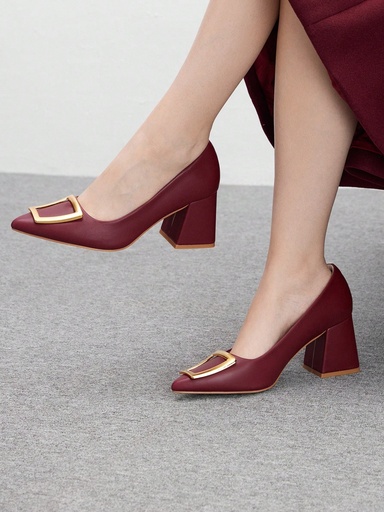 [sx2407220504288582] CUCCOO BIZCHIC Zapatos de tacón cuadrado con hebilla puntiaguda formales y casuales de moda de tacón grueso rojos para mujer, otoño