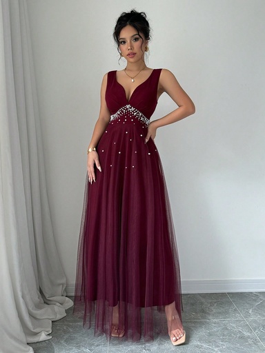 SHEIN Belle Vestido elegante de longitud hasta el suelo sin mangas de verano para damas en color rojo burdeos con decoración de perlas falsas y bajo transparente con parches, conjunto de mujer maxi