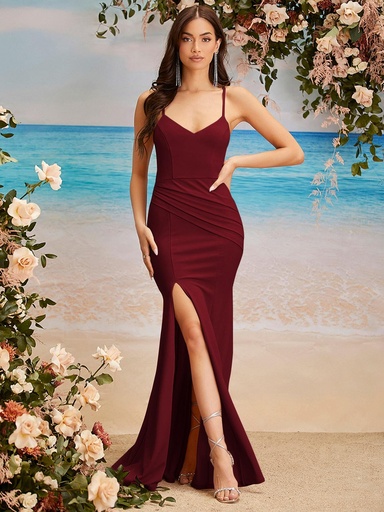SHEIN Belle Vestido de dama de honor con abertura cruzada en el muslo de color rojo burdeos, vestido de invitada de boda, vestido de fiesta, vestido de noche, vestido de gala