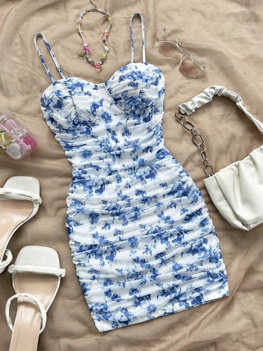 [sz2407236210021883] Soleia Vestido mini con camisola fruncida con estampado floral , de tela de malla