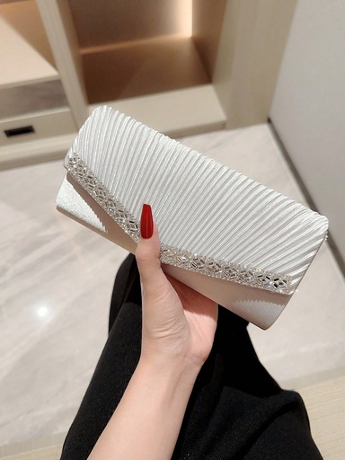 [sg2402031915910016] Bolso de noche Moonlit EveBag, un diseño plisado brillante con decoración de rhinestones, adecuado para banquetes de noche, bodas románticas en blanco, fiestas de satén, vestidos formales, bolsos de novia, bolsos de fiesta de noche, un regalo perfecto para el Día de San Valentín, bodas, cumpleaños, etc. Artículo esencial para bodas, que combina a la perfección con vestidos de graduación y de baile de promoción.