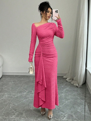[sz25032847087774381] Elenzga Vestido maxi de punto texturizado con mangas largas, cuello asimétrico, cintura fruncida y diseño ajustado, elegante y de moda para ir al trabajo