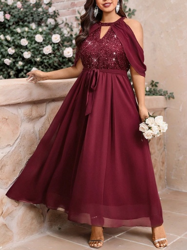 [sz2411284268486637] SHEIN Unity Vestido de línea A de gasa con parches de lentejuelas y cuello barco, elegante para fiestas y bodas en tallas grandes