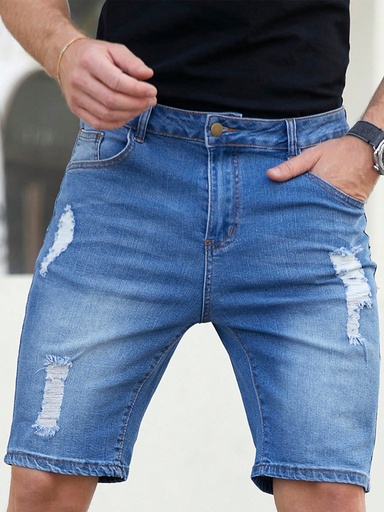 [sm2311090259684854] Manfinity LEGND Pantalones cortos vaqueros desgastados para hombres Jorts azul marino liso, básicos para el trabajo y amigos