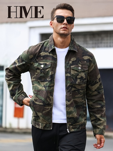 [17616629649465] Chaqueta vaquera de camuflaje casual para hombre HME | Corte regular, múltiples bolsillos, tela sin elasticidad