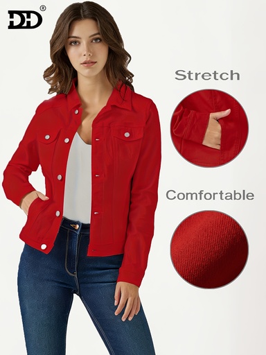 [17592898153230] Nueva Chaqueta de Mezclilla Ajustada y Elástica para Mujer, Abrigo Casual y Estiloso de Mezclilla Lavado Rojo, Ropa Elegante Inspirada en los 90, Top Corto de Mezclilla con Bolsillos, Ideal para Picnics, Viajes y Ropa Deportiva de Fin de Semana
