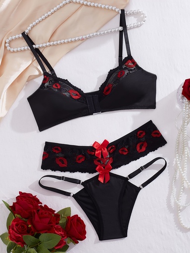 [17620436135376] Conjunto de sujetador de encaje con bordado de labios rojos sexy | Detalles de encaje en contraste con patrón de impresión aleatorio