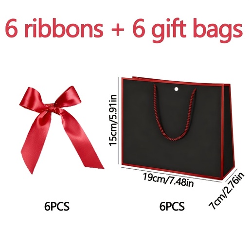 [17618613135958] Regalo para Ella/Él Juego de 12 Piezas (6 Bolsas de Regalo Negras y Rojas + 6 Cintas con Asas) Bolsas de Agradecimiento, Bolsas de Papel de Bienvenida con Lazos para Bodas, Damas de Honor, Baby Shower, Inauguración de Casa, Cumpleaños, Acción de Gracias, Empaque de Regalos Navideños