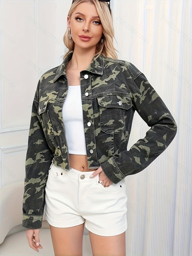 [17593209282702] Chaqueta de denim de camuflaje para mujeres, chaqueta de poliéster casual 100% tejida con detalle de botón, tejido sin estirar, estampado al azar, ropa exterior para primavera/otoño