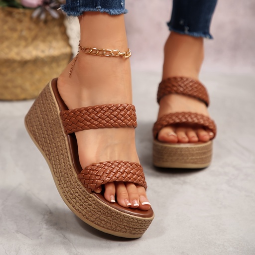 [17615432426849] Sandalias de cuña gruesas para mujer, color marrón, con efecto de yute tejido y tapa, con correa trasera - Chanclas de playa de verano con punta abierta, con plantillas acolchadas y soporte de arco, adecuadas para uso casual a semi-formal - Sandalias de estilo bohemio para mujer - Antideslizantes