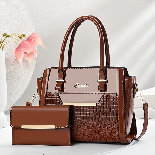 [17597214026169] Conjunto de Bolso Elegante Blanco para Mujer con Patrón de Cocodrilo y Decoración Metálica de Letras Modernas, Interiores Multinivel, Bolso de Hombro de Gran Capacidad Adecuado para Uso Diario