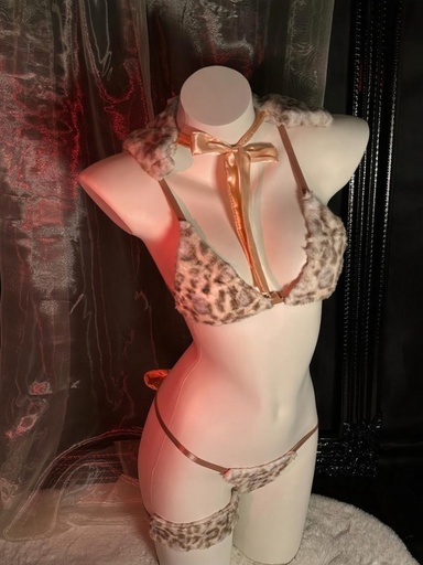[17608615202413] Conjunto de ropa interior sexy para juegos de rol con estampado de leopardo | Sombrero + Sujetador + Pantalones T con cola y lazo + Fundas de mangas *2 + Anillos para piernas, Conjunto de uniforme de tres puntos para juegos de rol de catgirl, Conjunto no desmontable para citas de pareja