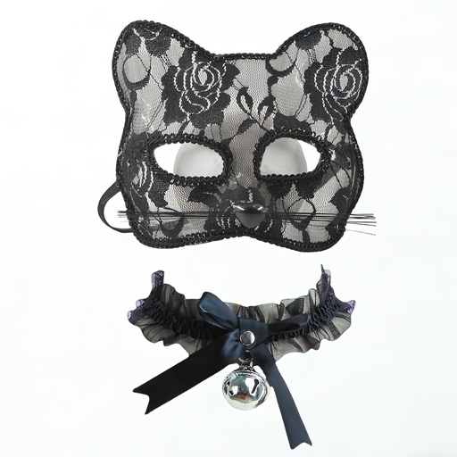 [17620117750279] 2 Piezas Máscara Gótica de Gato y Collar con Campana - Lencería de Encaje /Blanco con Diseños de Rosas y Detalle de Campana, Disfraz Gótico  para Mascaradas, Cosplay, Fiestas de Halloween - Accesorio Elegante de Máscara y Collar