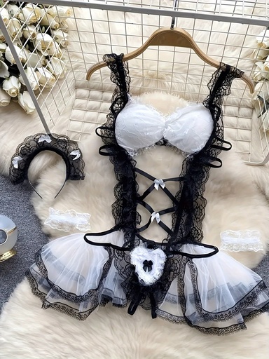 [17609268088830] Disfraz de Cosplay de Doncella Lasciva - Encaje Negro y Detalle de Lazo, Lencería Sexy con Tangas, Soporte Medio, Sin Relleno, Lencería para Mujer Adulta, Falda con Tirantes y Set de Pulseras, Set de Lencería Sexy | Falda con Tirantes | Detalle de Encaje, Set de Lencería