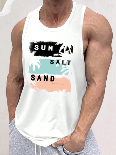 [sm2405172722027405] Manfinity Chillmode Ropa de playa de punto ligero para hombre con estampado de surf, árbol de palma hawaiano y letras impresas, verano, blanco, tamaño estándar