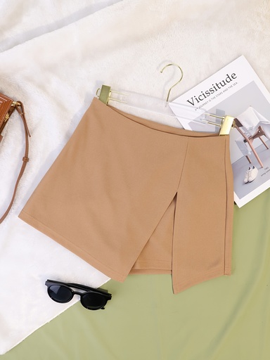 [17593092989061] 1pc Conjunto de Falda y Pantalón de Dos Piezas de Cintura Baja para Mujer en Color Camello, Simple y Adelgazante para Prevenir la Exposición, Deportes, Fitness, Salidas, Casual y a la Moda