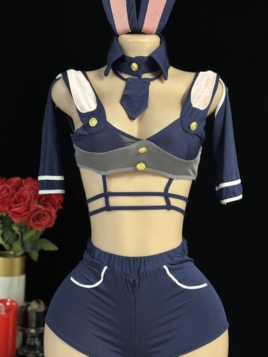 [17618462974112] Lencería Sexy de Conejito de Navidad y Halloween | Nuevo Body Uniforme de Oficial 2024 con Botones Falsos, Color Sólido