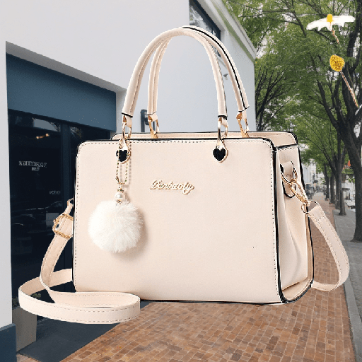 [17596043688310] Tipo de Bolso Preferido: Bandolera Lavender Luxe: Elegante Bolso de Mano con Asa Superior, Detalles Dorados y Llavero de Pompón Esponjoso