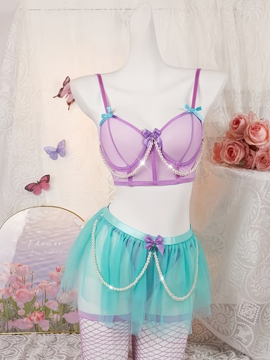 [17608258786732] Nuevo Conjunto de Lencería  para Fiestas de Halloween y Rol en Otoño-Invierno, Sujetador con Aro T-Back, Lazo de Bloque de Color Contrastante y Decoración de Perlas Falsas, Bragas, Falda y Calcetines