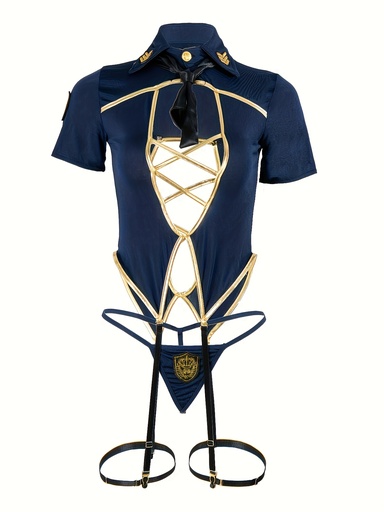 [17593143459894] Uniforme sexy de azafata, disfraz de policía traviesa de manga corta con diseño hueco, disfraz de cosplay, disfraz sexy para mujer.