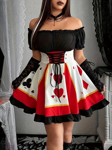[17611318664896] Vestido corto de Halloween con hombros descubiertos y correa | Corte vintage acampanado, hasta la rodilla, manga corta, ropa de fiesta para todas las estaciones