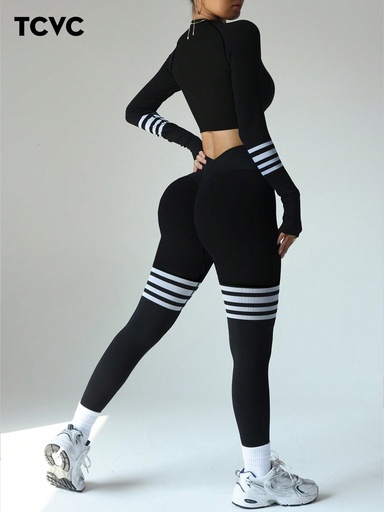 [st2412202291577806] TCVC Conjunto de top de manga larga y pantalones deportivos para mujer de alta elasticidad, tejido sin costuras, control de abdomen y caderas, tela suave y amigable con la piel, ajuste ceñido con efecto moldeador, versátil para uso casual o deportivo, apto para todas las estaciones, ideal para yoga.