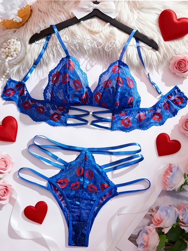 [17617204458950] Conjunto de Lencería  con Huella de Labios para San Valentín, Sujetador de Encaje con Conexión de Anillo Circular y Escote en V, Diseño de Tirantes y Calado Cómodo, Lencería Romántica y Encantadora