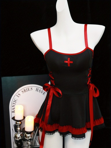 [17601018105972] Vestido Sexy de Enfermera con Hombros Descubiertos, Liguero y Encaje | Sin Mangas, Color Sólido, Corte Regular para Primavera/Verano/Otoño