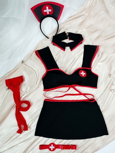 [17607124226933] 6 piezas Halloween Uniforme de Enfermera Seducción para Mujer, Juego de Roles en el Dormitorio, Lencería Disfraz COS, Atuendo Audaz, Falda Ultra Corta, Sexy y Atractiva, Juego Seductor COS con Gorro y Medias de Enfermera, Disfraz de Enfermera Sexy p