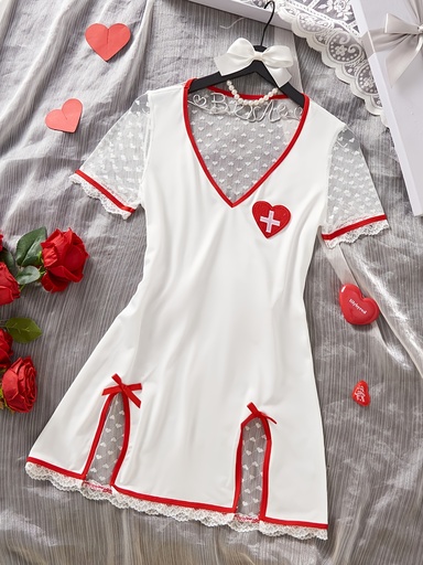 [17613961690345] Vestido Sexy de Enfermera de Halloween para Mujer | Mini Vestido con Cuello en V, Mangas de Encaje Transparente con Lunares, Ribete Rojo, Aberturas Laterales y Detalles de Lazo