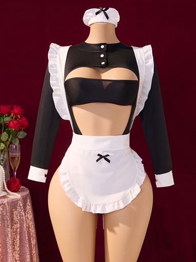 [101527121337601] Conjunto de uniforme corto para mujer | Body sexy con delantal con volantes, gran decoración de mariposa en la espalda, entrepierna abierta, mangas largas, top sin tirantes, diadema