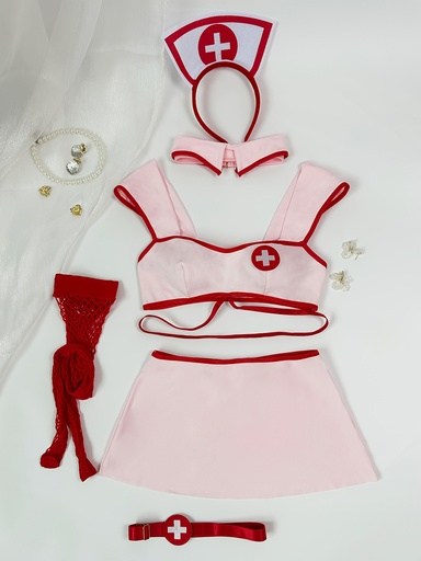 [17607127164189] Conjunto de Enfermera  para Mujer - 6 Piezas, Disfraz Halloween con Sombrero y Medias Redes Atrevidas, Lencería Seductora, Traje COS para Fiestas o Juegos Eróticos