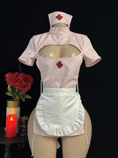 [17620330653168] Body de enfermera vintage Sweetheart | Sexy con apertura frontal, cierre trasero, exposición de cadera, con botones falsos y detalles de color sólido para Navidad y Halloween