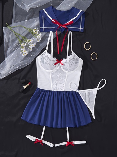 [17597309226980] Nuevo Conjunto de Lencería Militar Estilo Cosplay para Mujer: Falda con Tirantes + Chal + Bragas + Bandas para Piernas - 2 Piezas - Juego de 4 Piezas