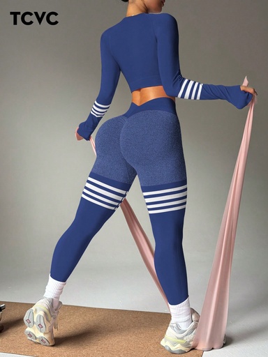 [st2412202291558133] TCVC Conjunto de manga larga y pantalón largo de deporte elástico para mujer, de tejido de punto sin costuras, con control de abdomen de cintura alta, efecto cadera melocotón, tela amigable con la piel, ajuste ceñido moldeador, versátil casual, apto para todas las estaciones, conjunto para deporte y yoga