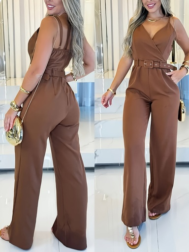 [17596727850130] Conjunto de mono casual para mujer con cuello en V y piernas anchas - Ligero, lavable a máquina, color sólido, ideal para primavera/verano, con pantalones holgados, perfecto para uso casual y eventos sociales, diseño elegante