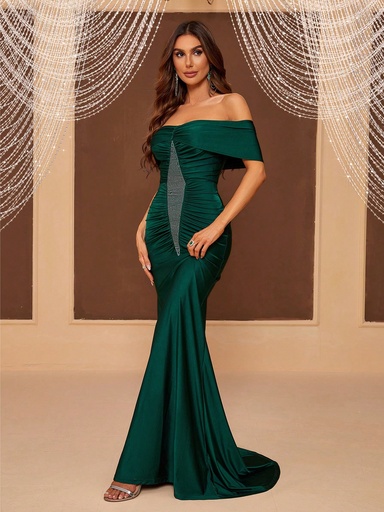 [sz2308222320233936] SHEIN Belle Vestido Formal Con Detalles De Pedrería Y Hombros Descubiertos