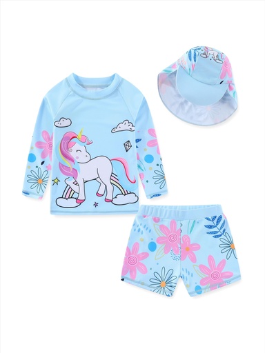 [17593605215417] Conjunto de traje de baño para niñas 3 piezas con abertura, conjunto de unicornio estampado + traje de baño pequeño con estampado floral + gorro