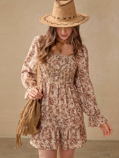 [17612890452586] Vestido corto bohemio para mujer con estampado floral, ruedos con volantes y escote cuadrado - Vestido tipo a-line para bodas, festivales, conciertos country - Ropa de primavera/otoño (lavable a máquina, sin estirar)
