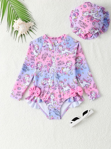 [17593709241476] Traje de Baño de Una Pieza con Sombrero para Niñas, Moda Infantil