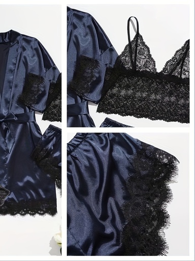 [17600925587616] Un conjunto de cuatro piezas para mujer que incluye una bata larga de satén con cuello en V y ribete de encaje, acompañada de una camisola de encaje y bragas, ideal para cualquier temporada. Perfecto para ropa de estar en casa, ropa de dormir y uso casual.