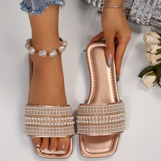 [17600110645345] Sandalias de mujer 2025, sandalias de moda con perlas y diamantes de imitación, pantuflas casuales para el hogar y exteriores, sandalias de deslizamiento con punta abierta y cabeza cuadrada, sencillas, prácticas, elegantes, perfectas para vacaciones y playa.